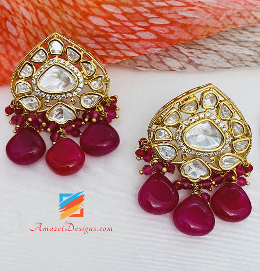 Hot Pink Ruby High Quality Statement Kundan Choker Necklace Studs Set
