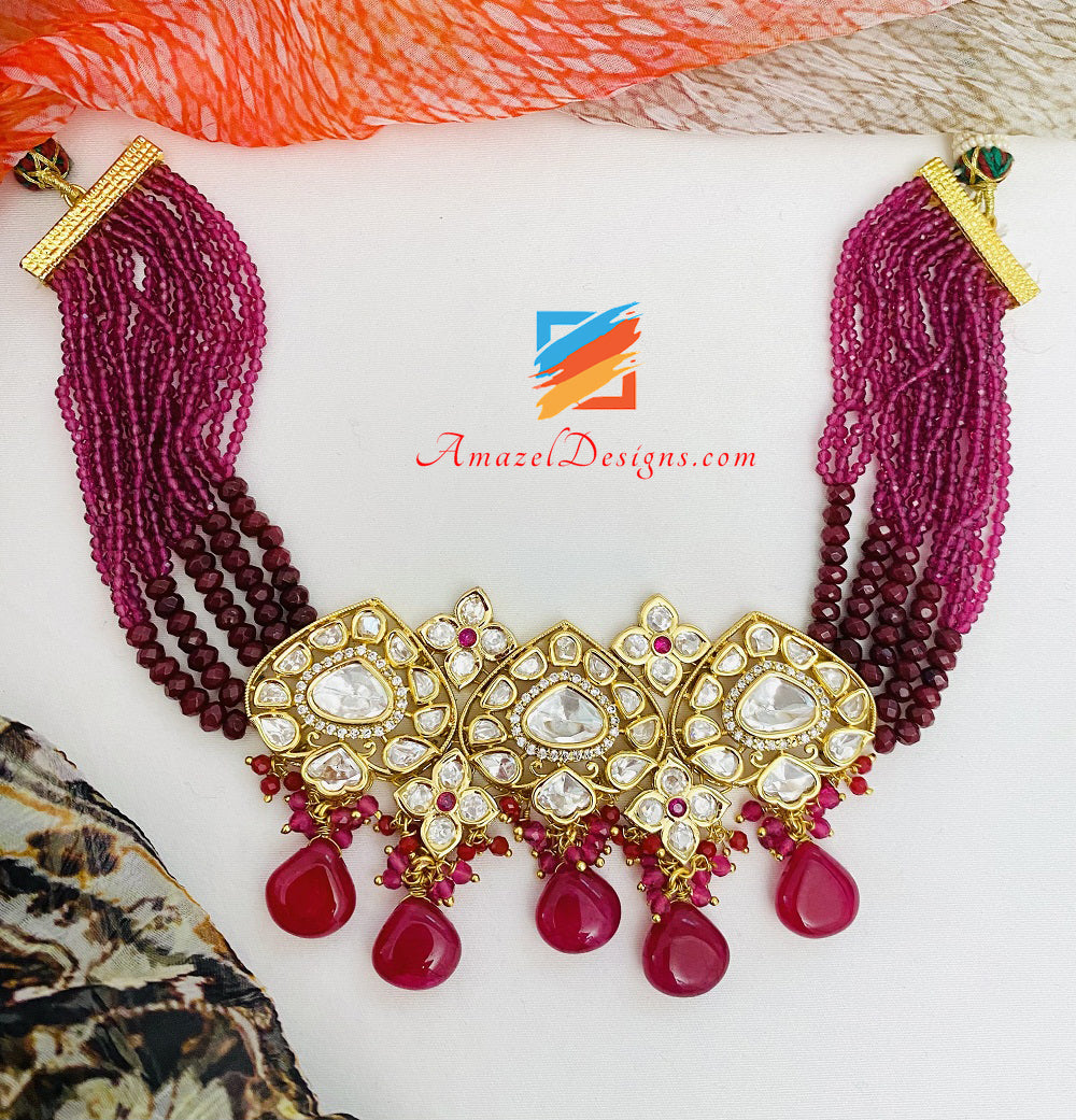 Hot Pink Ruby High Quality Statement Kundan Choker Necklace Studs Set
