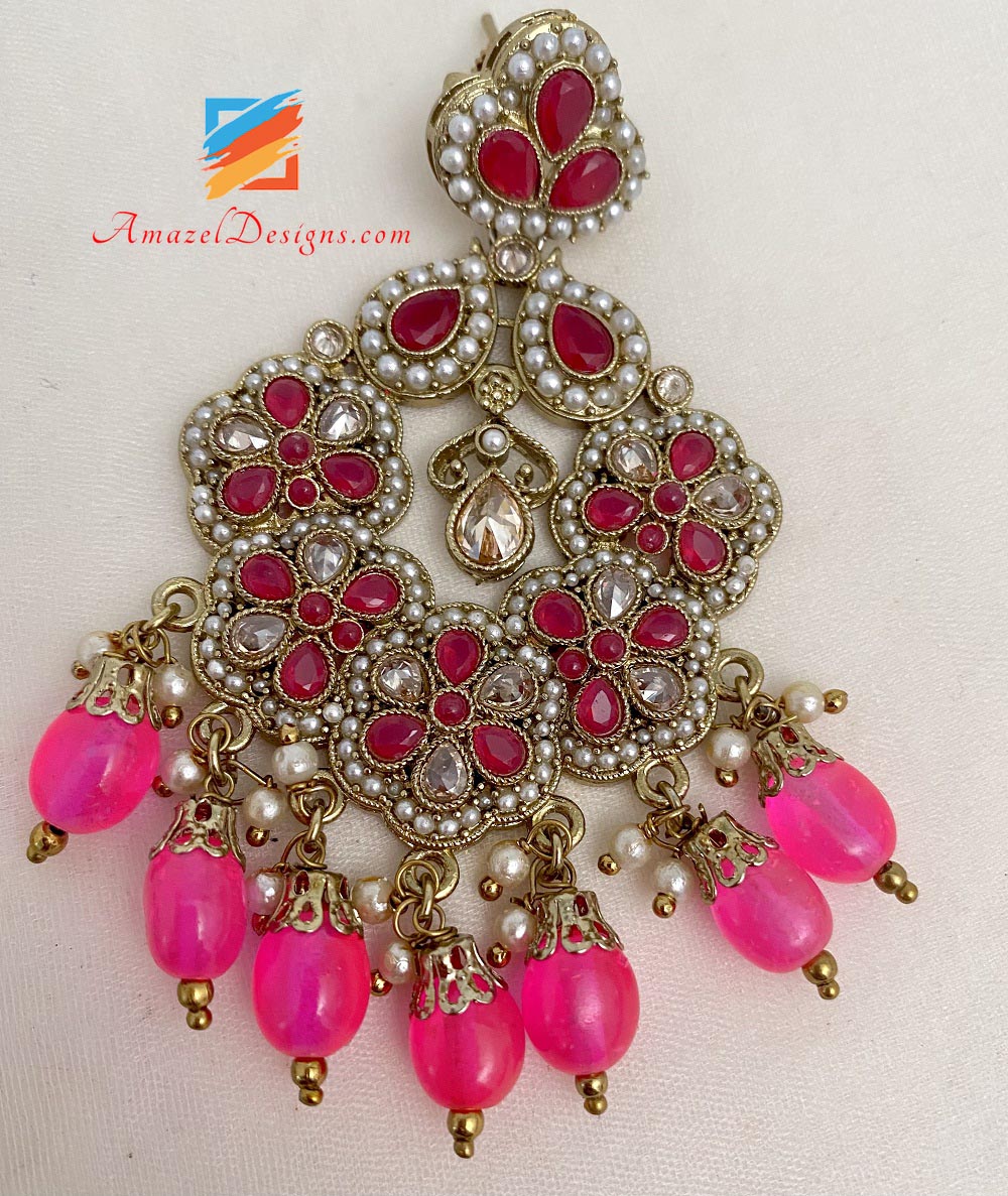 Hot Pink (Magenta) Polki And Beads Earrings Tikka Set