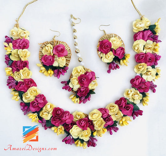 Hot Pink And Yellow Flower Jewellery Necklace And Bangles With Earrings Tikka Set