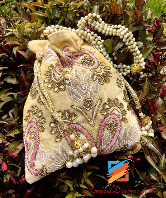 Beige Potli with Thread and Stone Work
