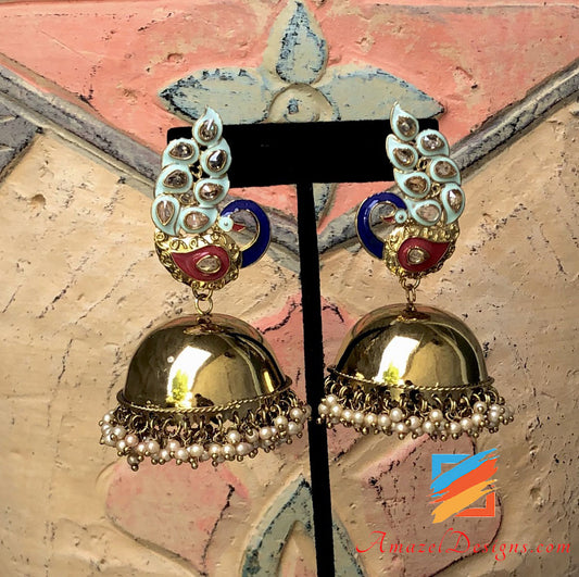 Golden Polki Pastel Blue Morni Jhumka