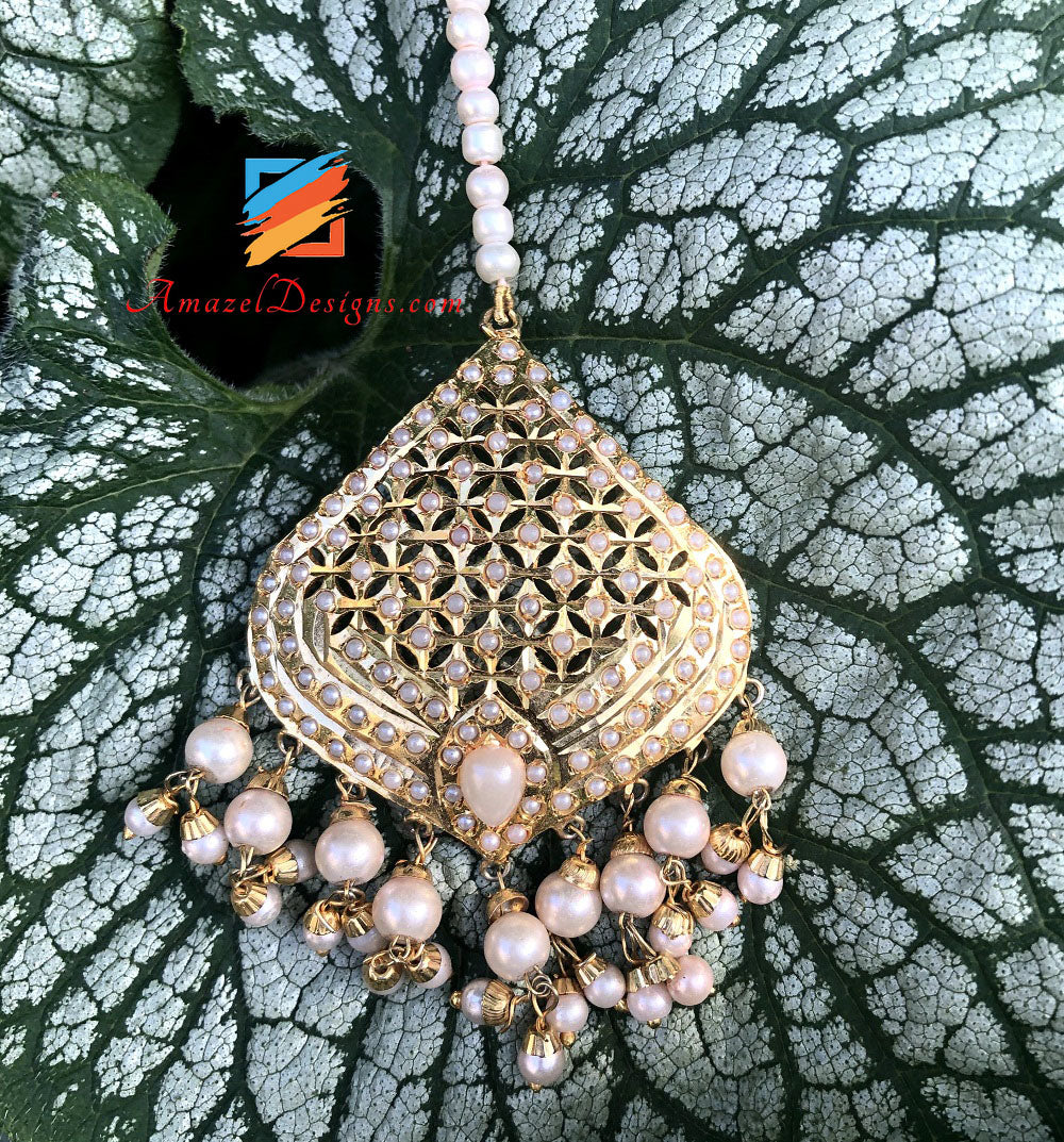 Jadau Golden Tikka with White Beads
