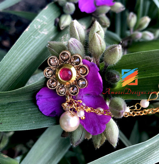 Clipon Golden Nose Ring with Magenta Stone