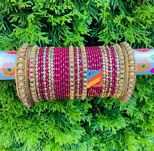 Golden Antique kada Strawberry color Mix Bangle Set