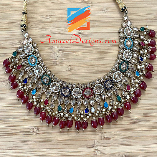 Collana Polki multicolore Chandbali Jhumki Tikka Set 