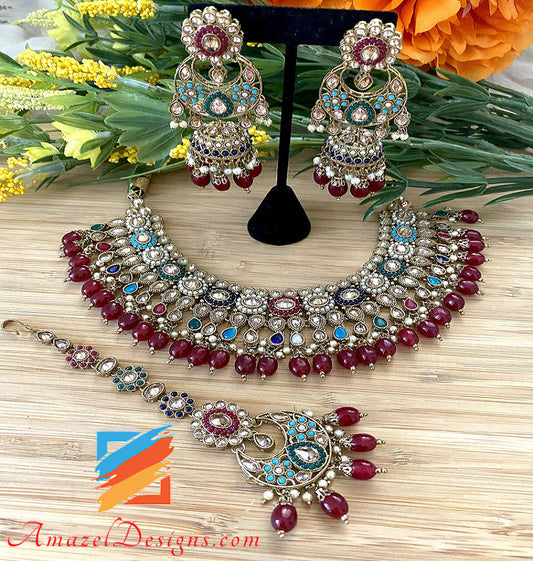 Collana Polki multicolore Chandbali Jhumki Tikka Set 