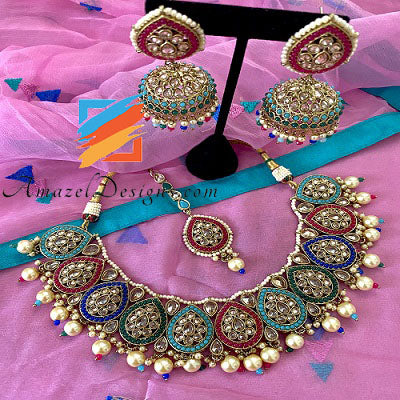 Collana Polki multicolore con set Jhumki Tikka 