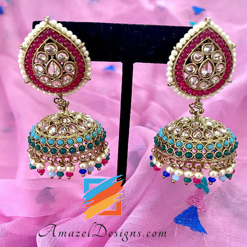 Multicolored Polki Necklace with Jhumki Tikka Set