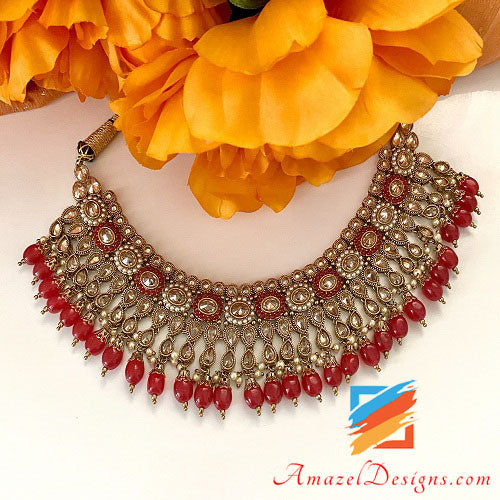 Polki Red Necklace with Chandbali Jhumki Tikka Set