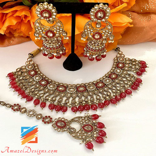 Polki Red Necklace with Chandbali Jhumki Tikka Set