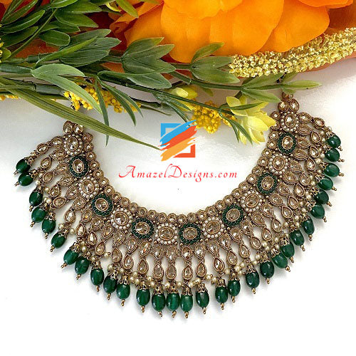 Emerald Beads Polki Necklace with Chandbali Jhumki Tikka Set