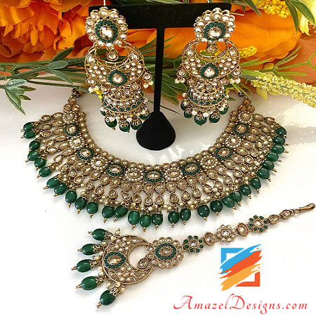 Emerald Beads Polki Necklace with Chandbali Jhumki Tikka Set