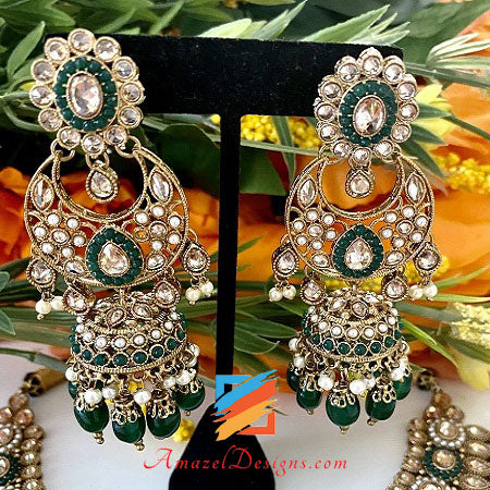 Emerald Beads Polki Necklace with Chandbali Jhumki Tikka Set