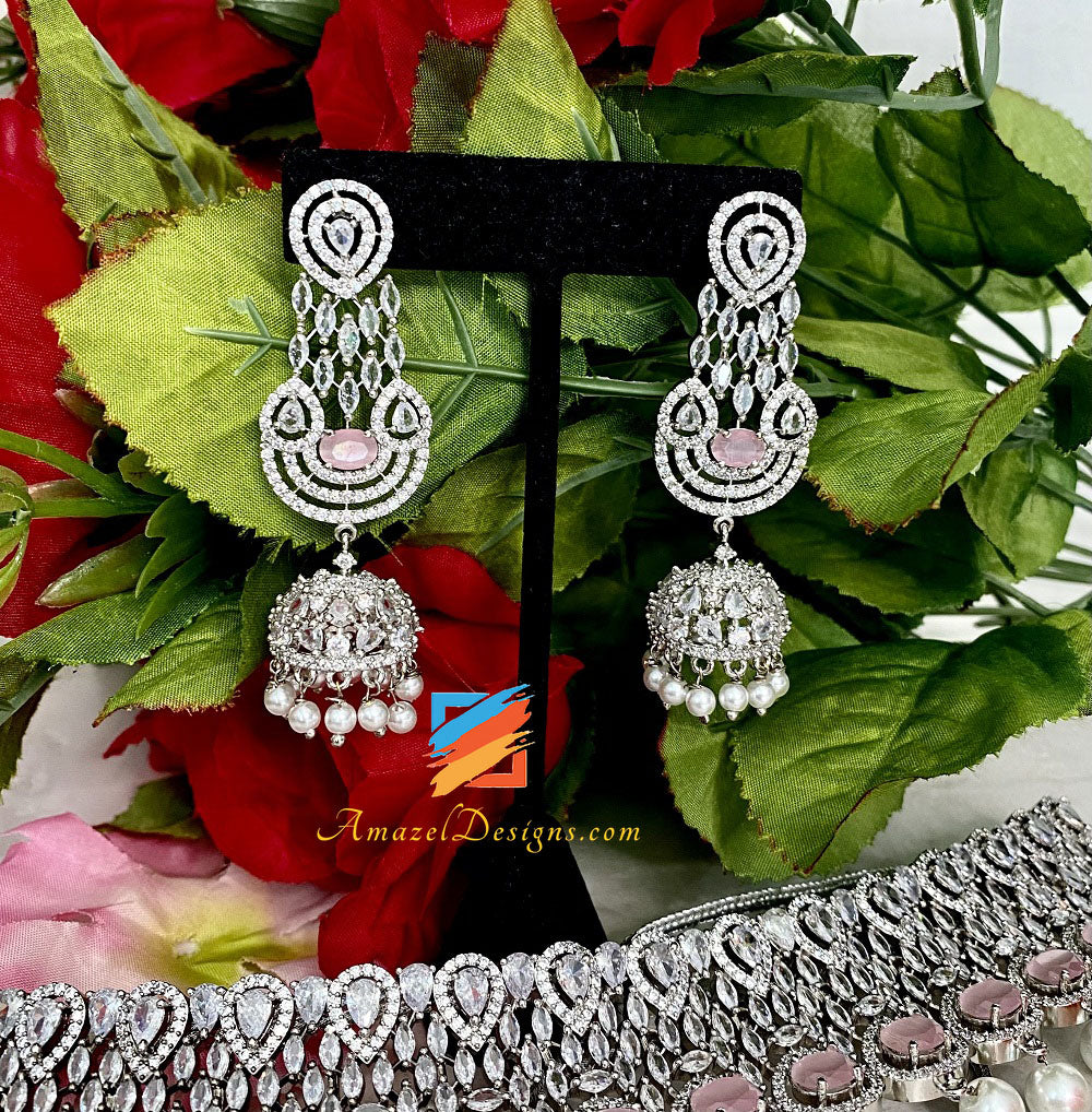 American Diamond (AD) Collana girocollo rosa argento Orecchini Tikka Set