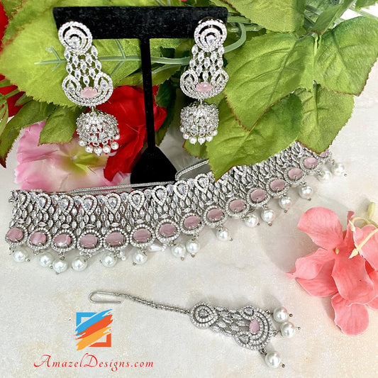 American Diamond (AD) Silver Pink Choker Necklace Earrings Tikka Set