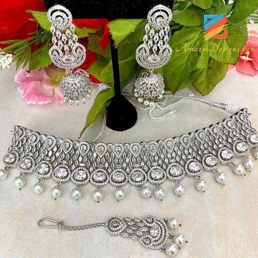 American Diamond (AD) Silver Chocker Necklace Earrings Tikka Set