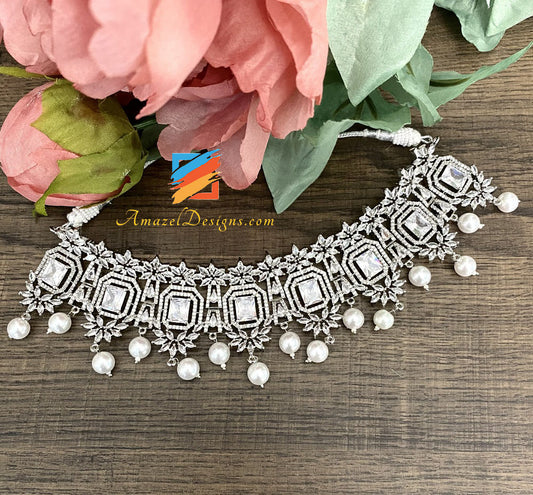 American Diamond (AD) Silver Necklace Earrings Tikka Set