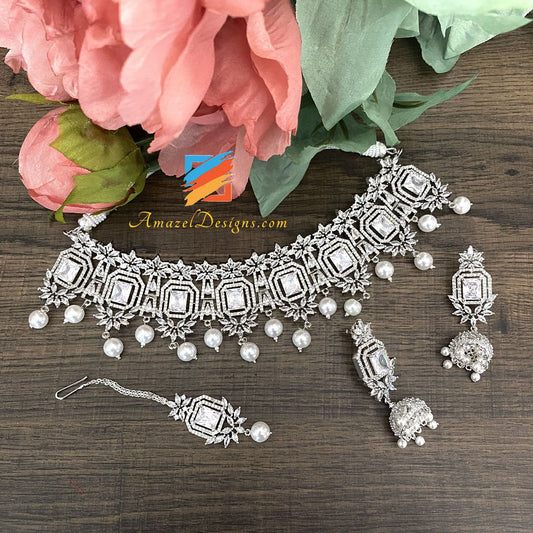 American Diamond (AD) Silver Necklace Earrings Tikka Set