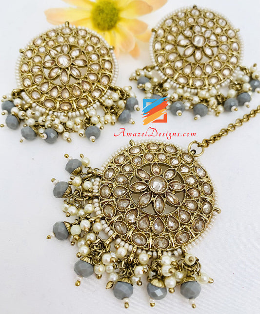 Indian Grey Polki Tikka Studs Earring Set