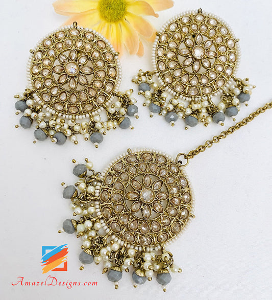 Indian Grey Polki Tikka Studs Earring Set