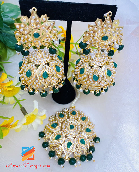 Jadau Kundan Pippal Patti Green Emerald Jhumki Earrings Tikka Set