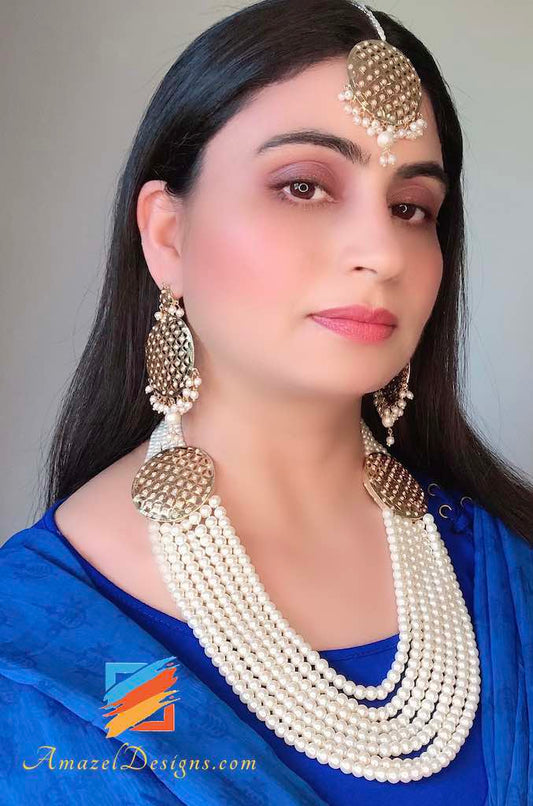 Classy Jadau Pearl Mala Earring Tikka Necklace Set