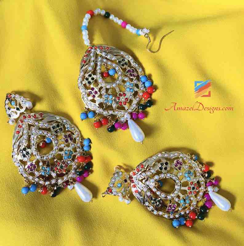 Jadau Multicolor Earring Tikka Set