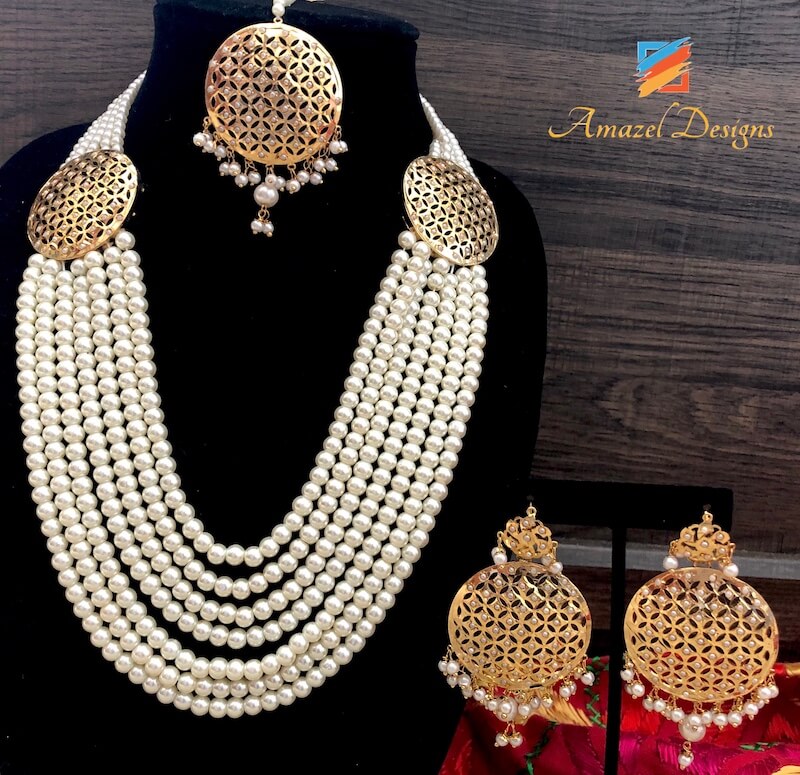 Elegante set di collana Tikka con orecchini di perle Jadau Pearl Mala