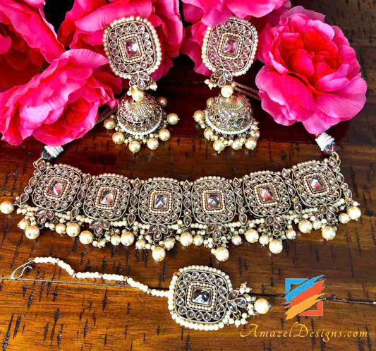 High Quality Polki Champagne Choker with Jhumka