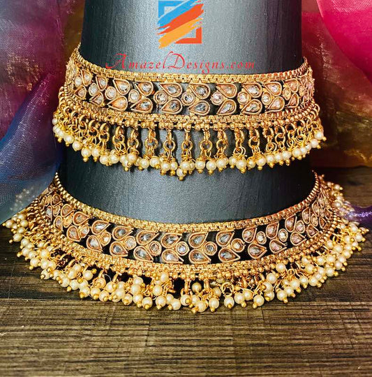 High Quality Polki Golden Jhanjar Bunches of Small Beads