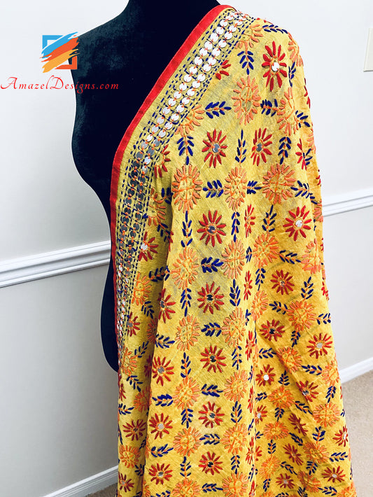 Kantha Lavoro Giallo Chanderi Dupatta