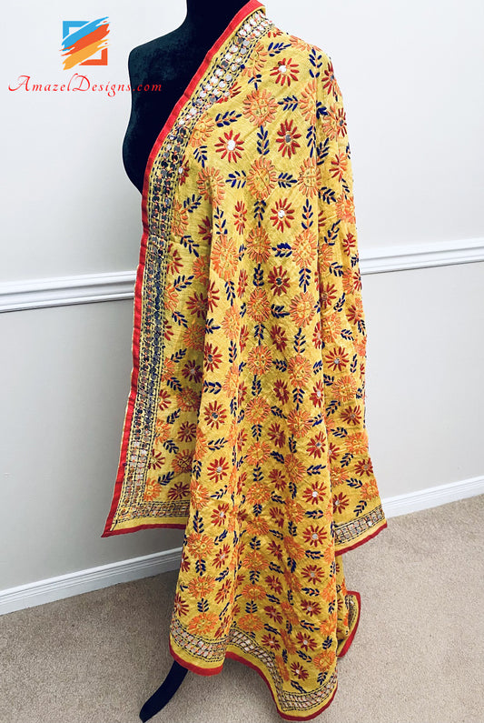 Kantha Lavoro Giallo Chanderi Dupatta