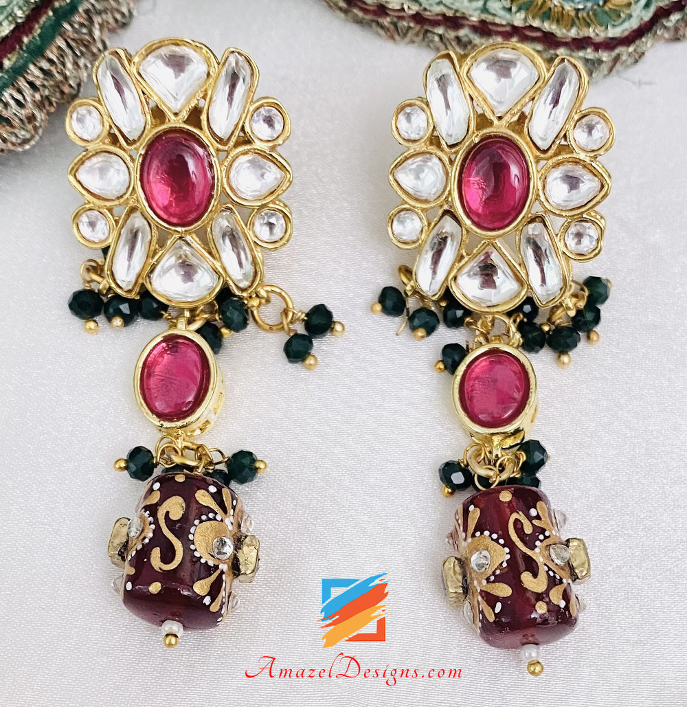 Kundan Maroon Timble Beads Necklace Choker Earrings Set