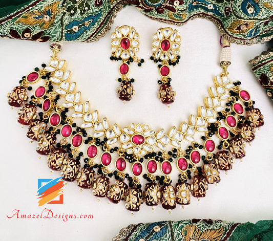 Kundan Maroon Timble Beads Necklace Choker Earrings Set