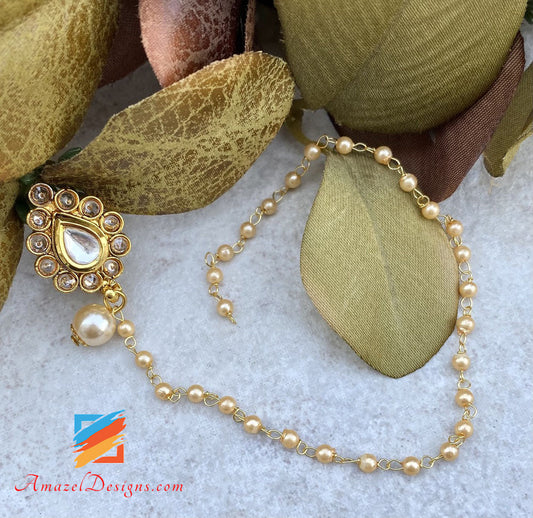 Kundan Clip On Anello al naso con catena di perline