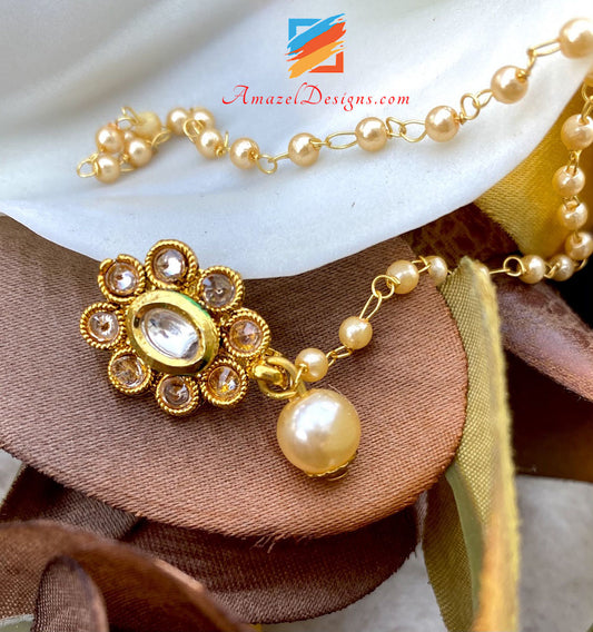 Kundan Clip On Anello al naso con catena di perline