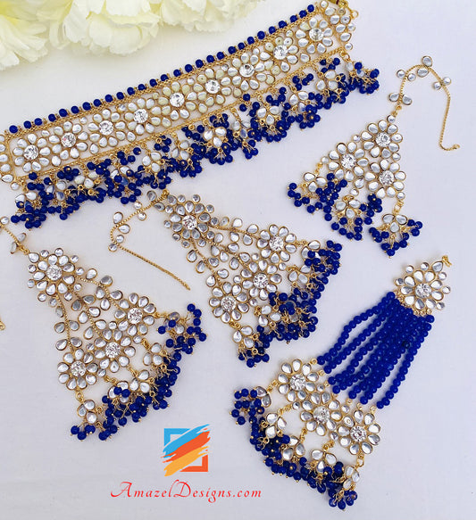 Kundan Crystal Blue Lightweight Flexible Choker Earrings Tikka Passa Set