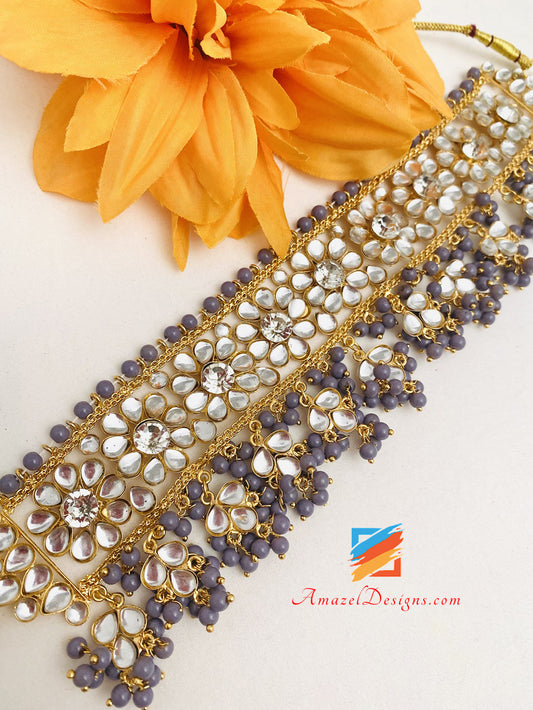 Kundan-Kristall, leicht, grau, flexible Halsband-Ohrringe, Tikka Passa-Set 