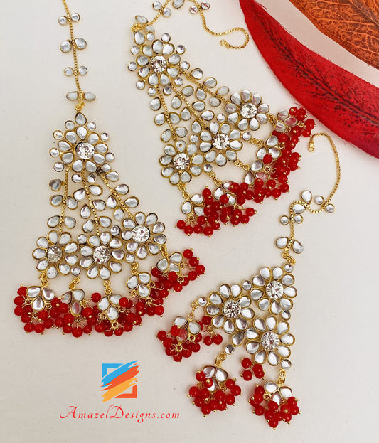 Kundan Crystal Lightweight Red Flexible Choker Earrings Tikka Passa Set