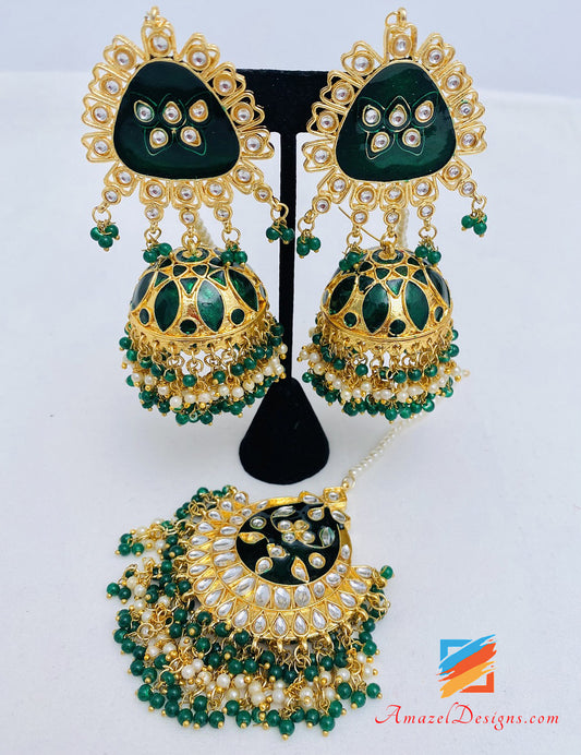 Kundan Emerald Green Jhumka Earrings Tikka Set