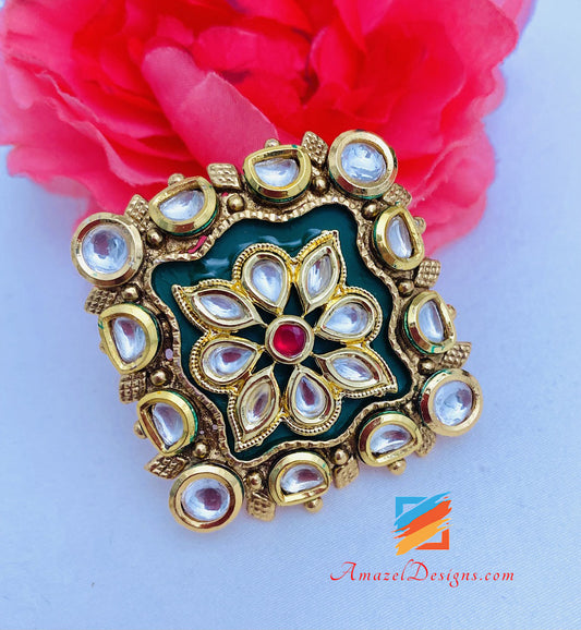 Kundan Emerald Green Large Adjustable Ring