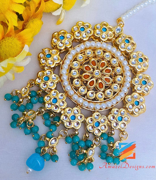 Kundan Feeroza Earrings Oversized Tikka Set