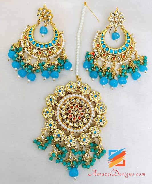 Kundan Feeroza Earrings Oversized Tikka Set