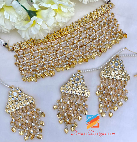 Kundan Golden Choker Collana Orecchini Set Tikka 