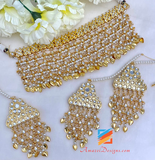 Kundan Golden Choker Necklace Earrings Tikka set