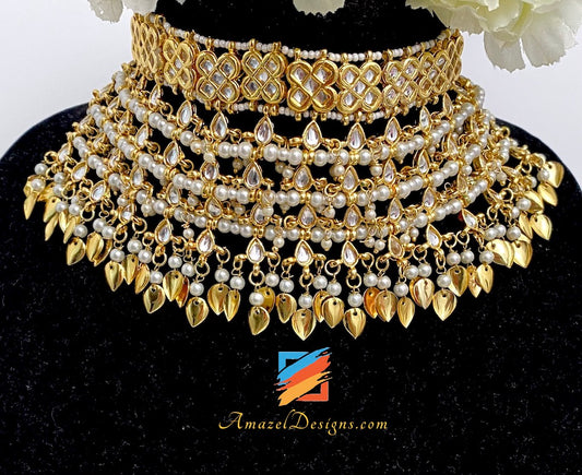 Kundan Golden Choker Necklace Earrings Tikka set