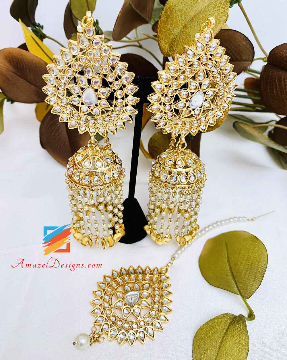 Kundan Golden Hanging Pippal Patti Beads Chain Orecchini Tikka Set 