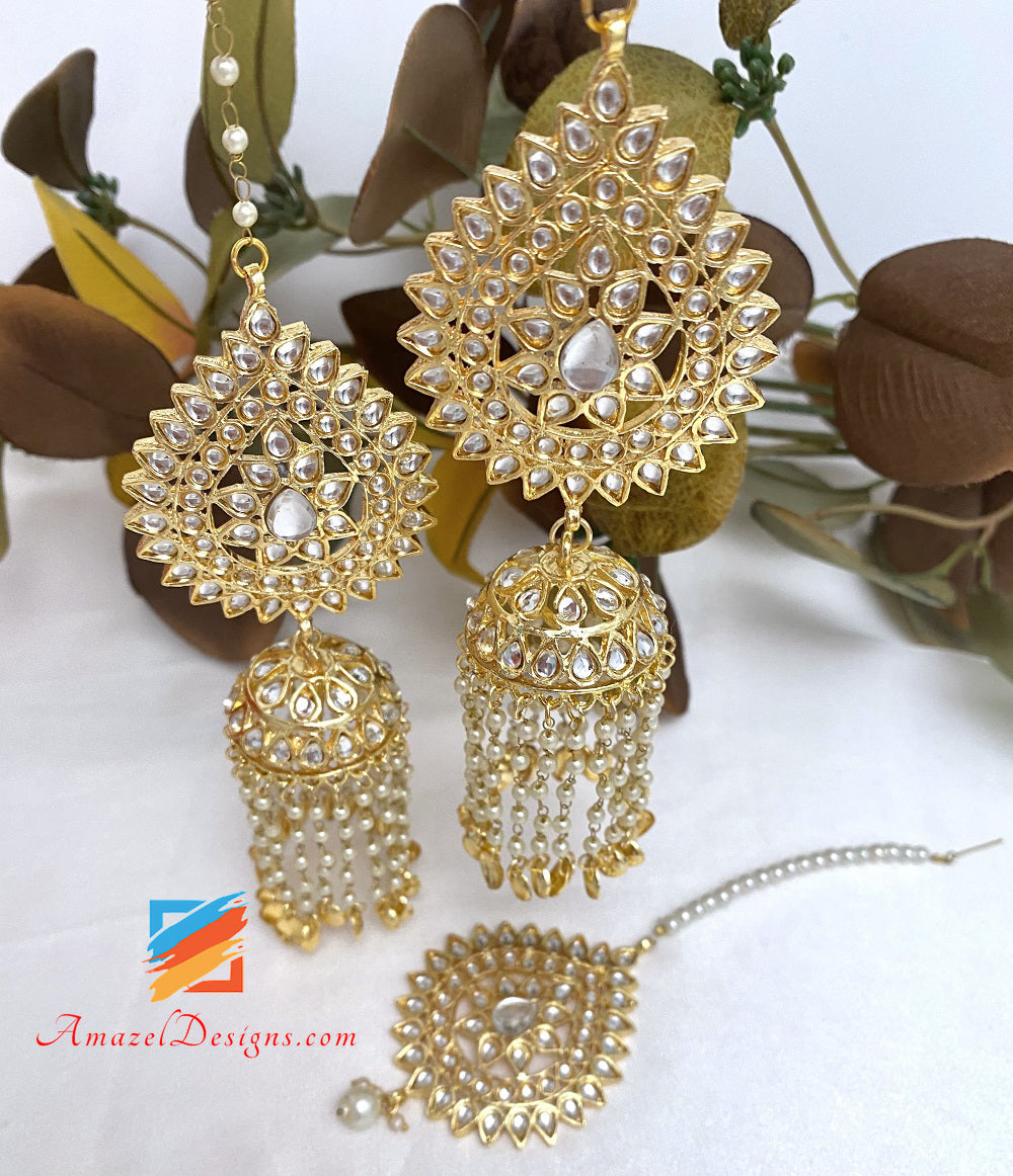 Kundan Golden Hanging Pippal Patti Beads Chain Earrings Tikka Set