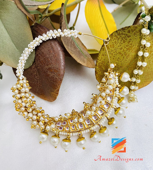 Kundan Golden Large Pierced Nath With Pearly Chain